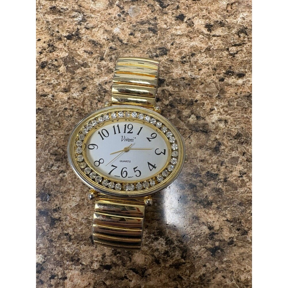 Vivani Gold Tone Quartz Watch Rhinestone Bezel Stretch Band Women’s Dress Watch